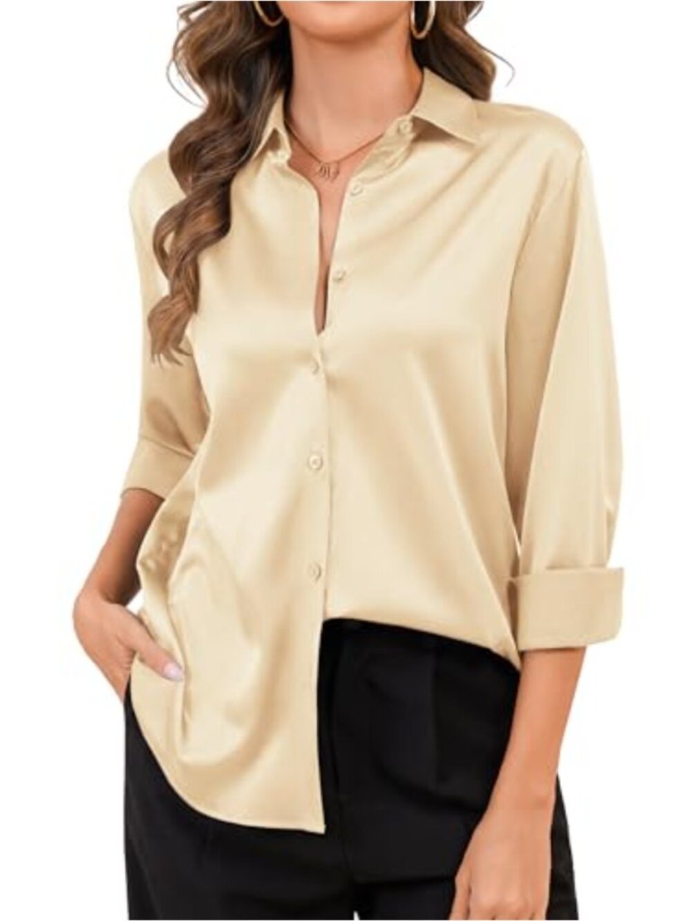 Wrinkle-Resistant Satin Button Down Shirt Long Sleeve Blouse
